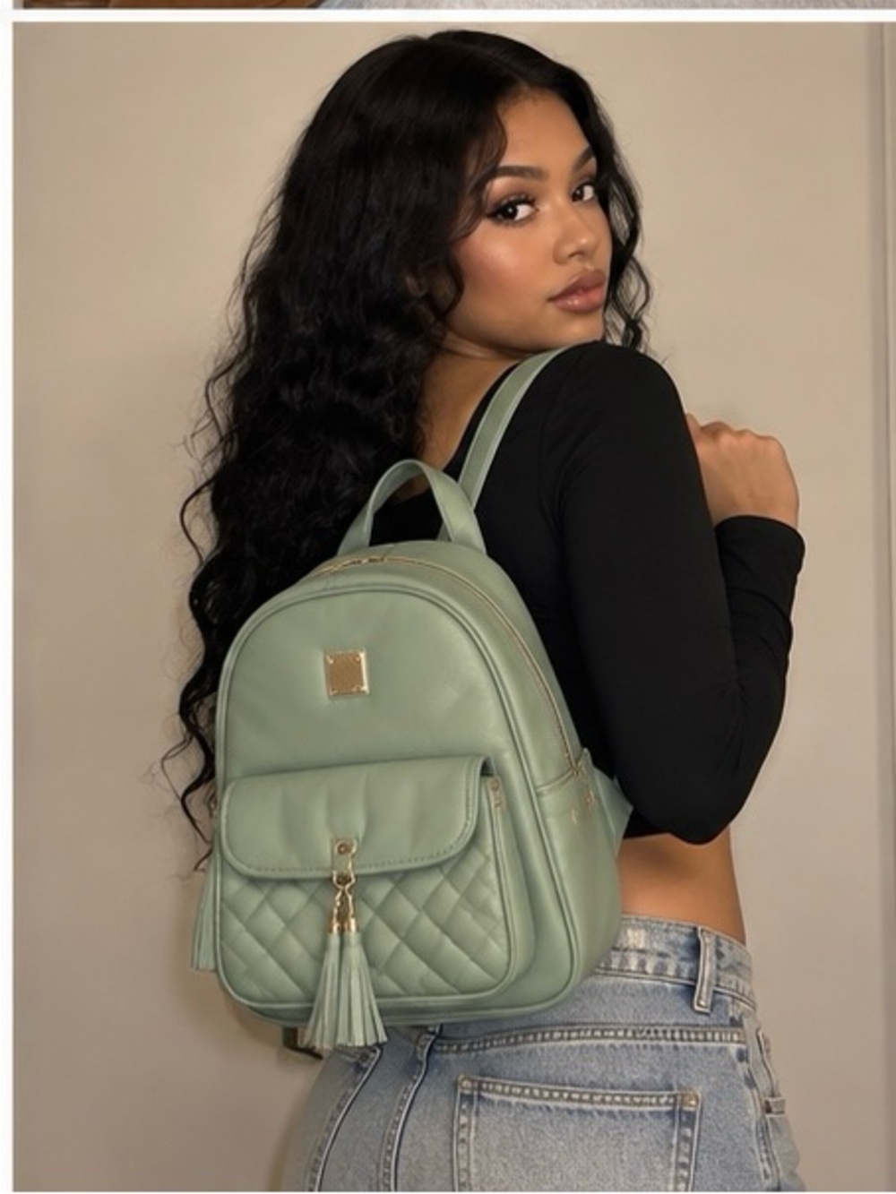 Quilted Tassel Mini Backpack - Sage Green